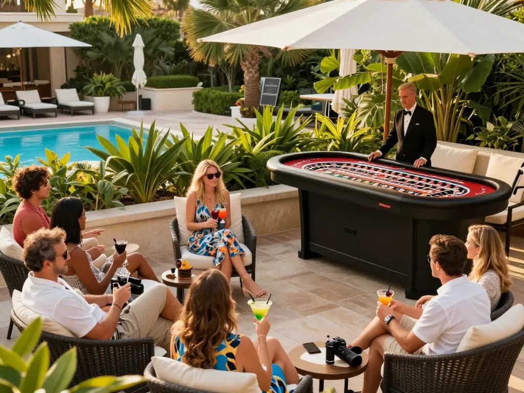 Players enjoying roulette at an elegant resort casino, capturing the lively ambiance of 56win.com.