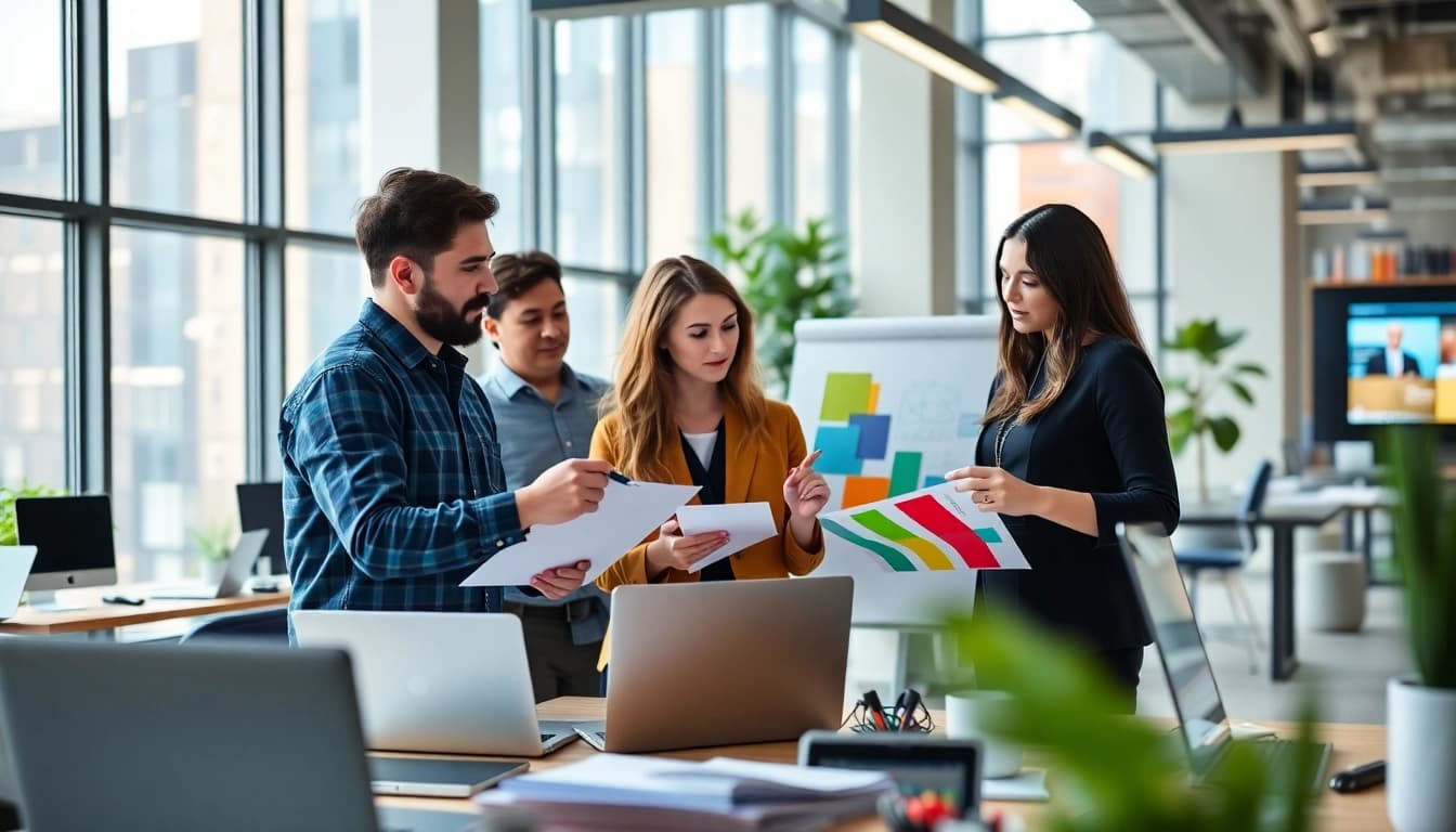 Innovative team of web designers essex collaborating in a bright, modern workspace.