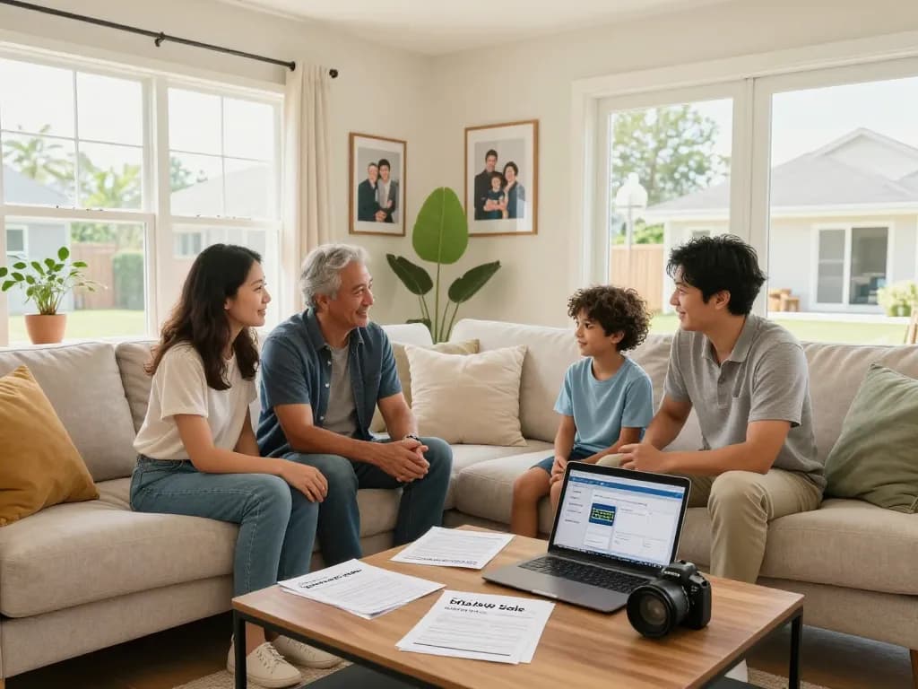 Family discussing a quick house sale in a bright living room with modern decor