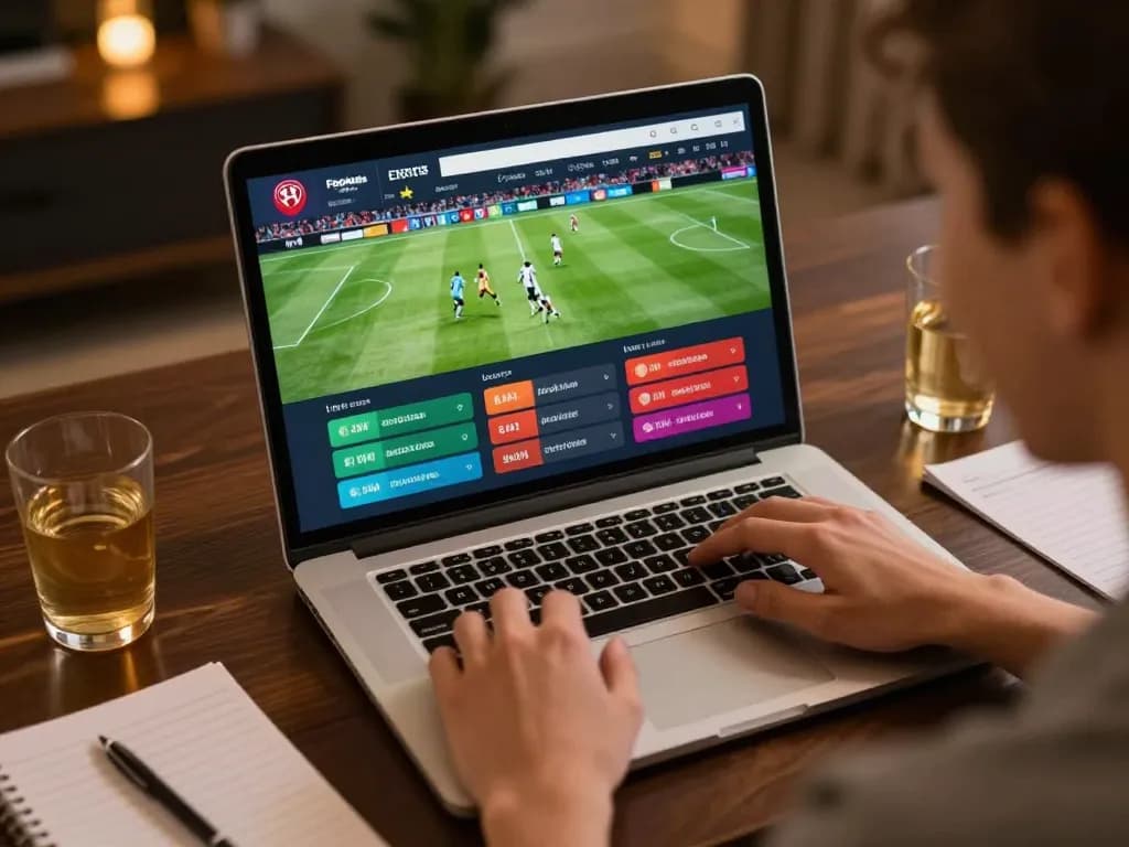 Kèo nhà cái interface displaying live sports betting odds with engaged user in a cozy setting.