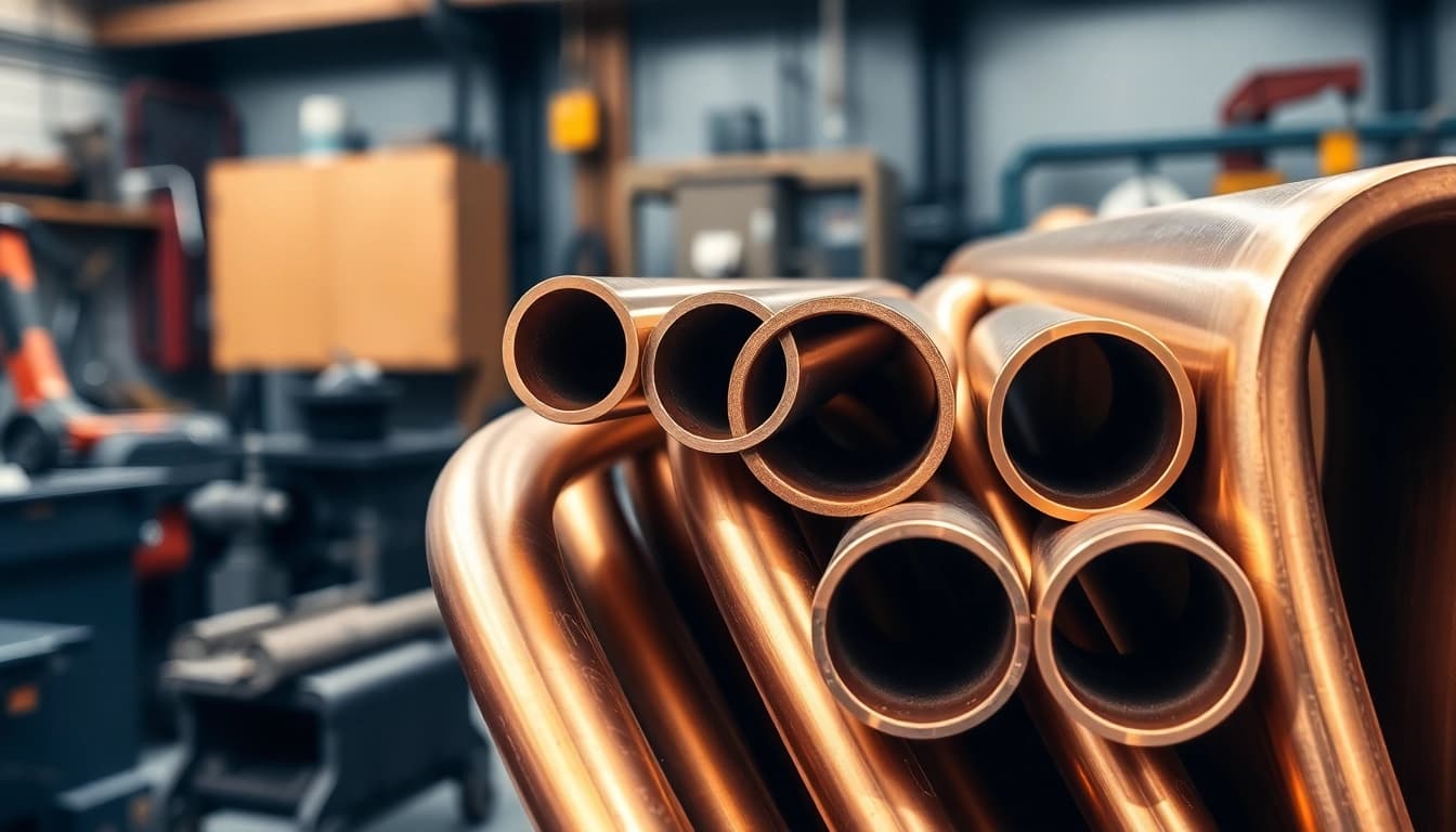 Teava de bronz expusă într-un atelier profesional, prezentând diferite dimensiuni și finisaje.