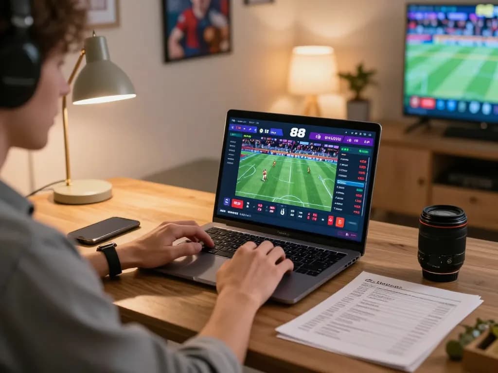 Engaging with TV88 sports betting on laptop, displaying live odds in a cozy home setting.