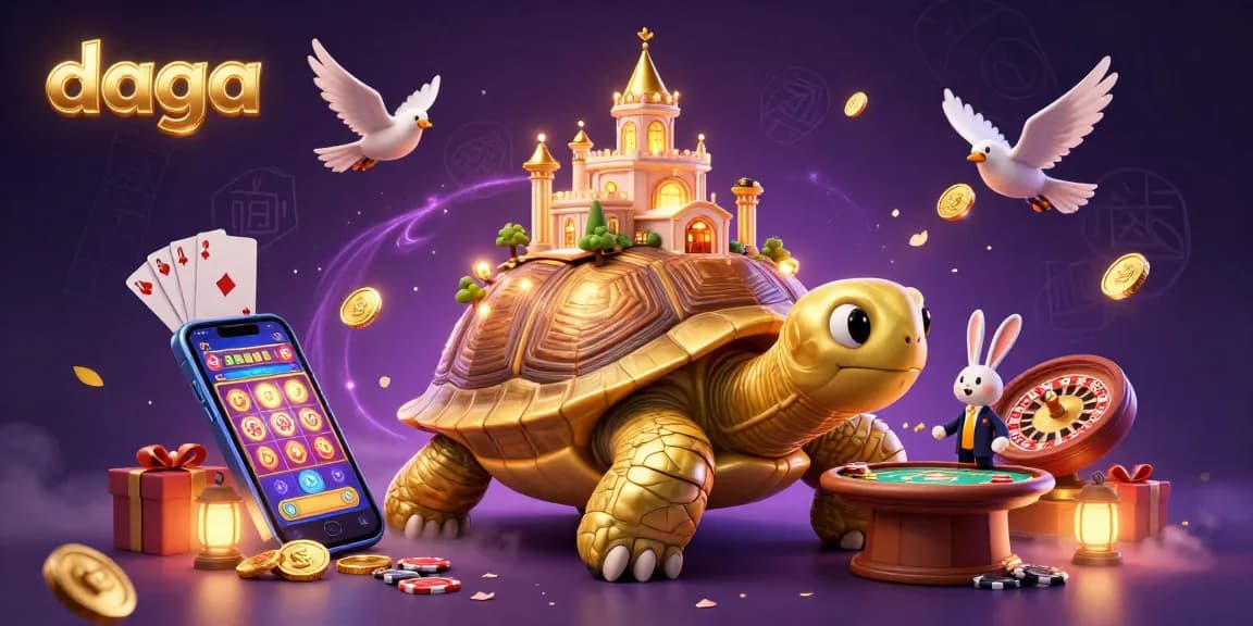 Engage in thrilling games at Daga, where a giant tortoise showcases a vibrant casino scene with thrilling elements.