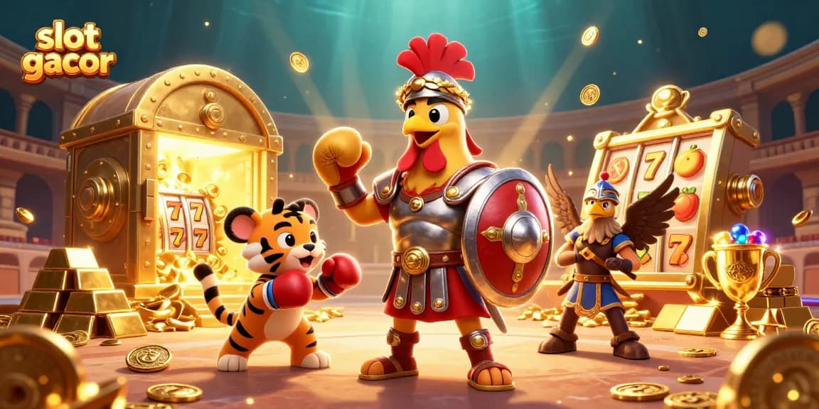 Experience thrilling slot gacor wins with a dynamic 3D casino scene featuring vivid characters.
