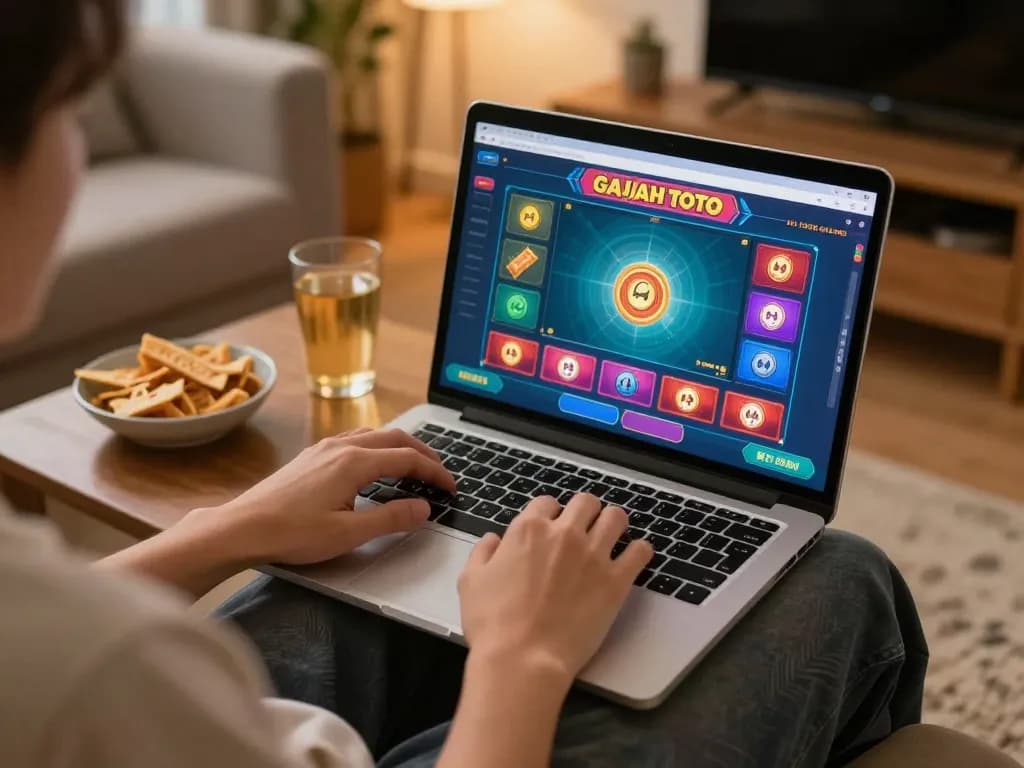 Engaging in Gajah Toto online gambling from home, laptop on table displaying vibrant game interface.