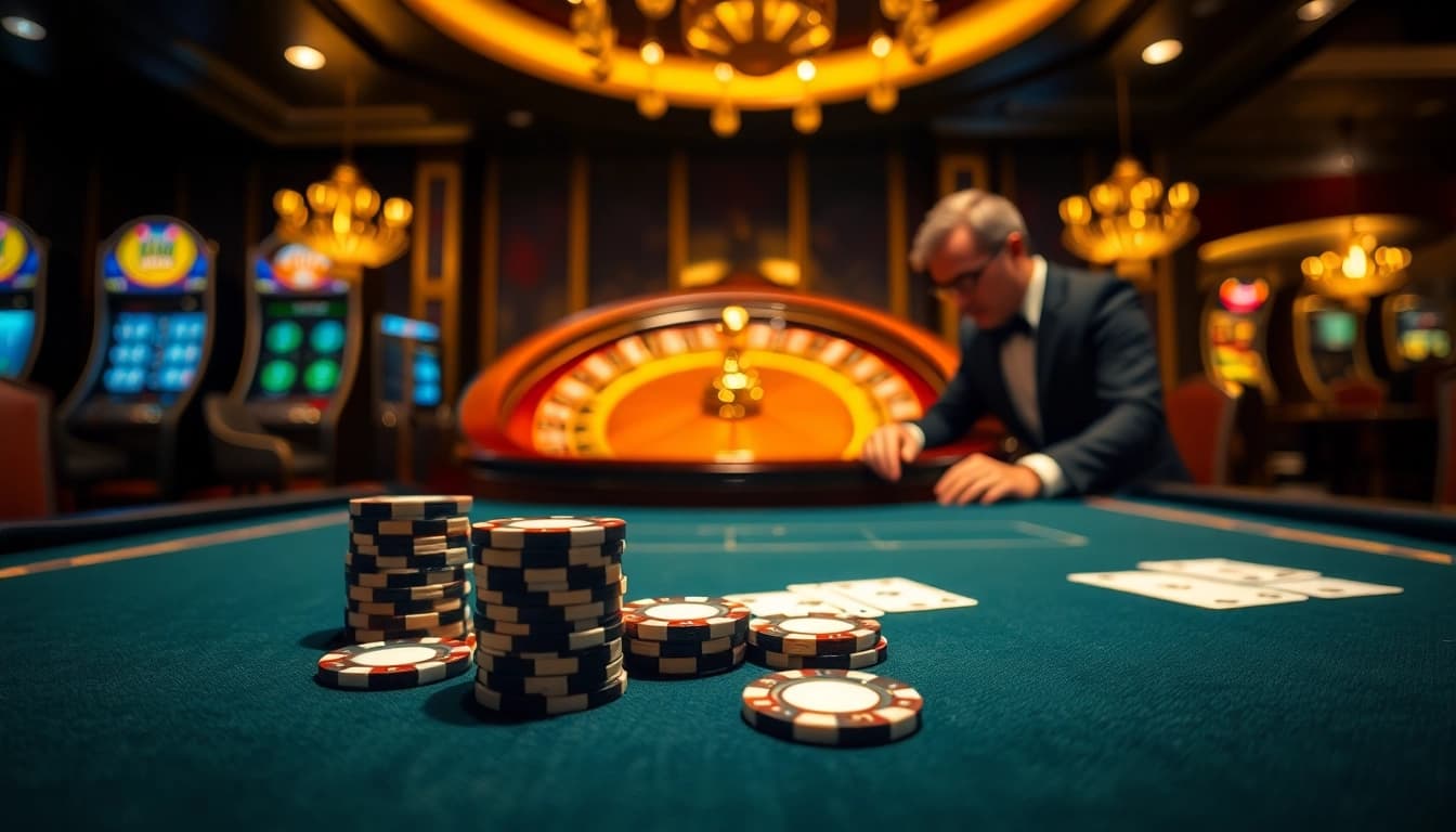 The excitement of high-stakes gambling at https://luckywin.fan/ with a luxurious poker table and roulette wheel.