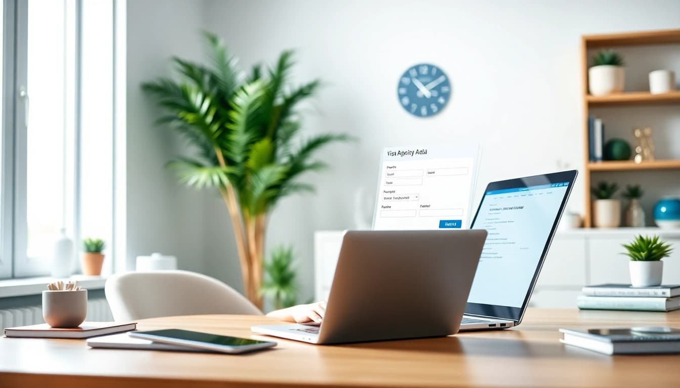 Person completing the eta application uk on a laptop in a bright home office.