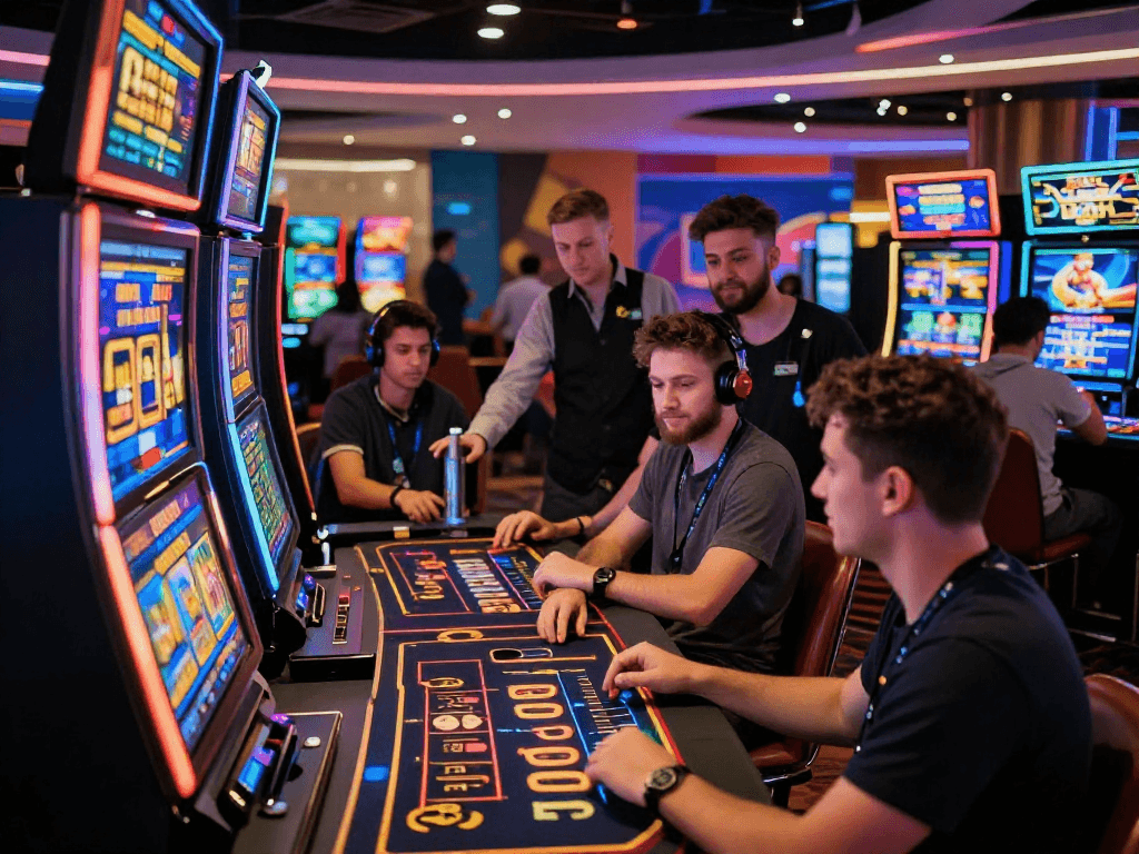 Experience the thrill of eu casinos online with players engaged in vibrant gaming activities, showcasing a lively casino atmosphere.