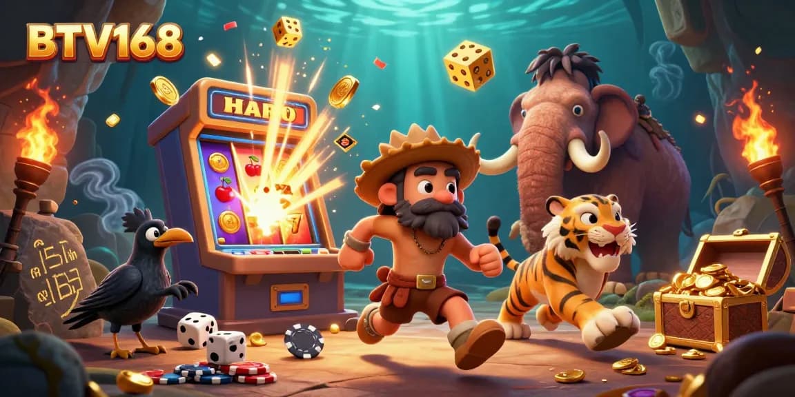 BTV168 showcases a captivating 3D scene with a caveman and sabertooth tiger running a prehistoric casino.