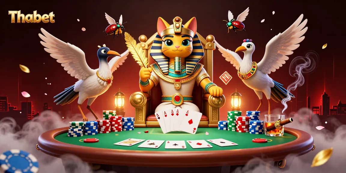 Thabet cat pharaoh strategically deals poker on an elaborate table, surrounded by thrilling game elements.