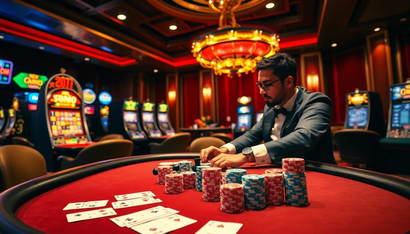 Layarkaca21 players enjoying a lively casino scene with professional dealers and vibrant slot machines.