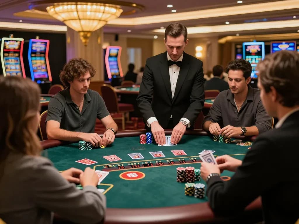 tr88 players placing bets at a vibrant blackjack table in an upscale casino