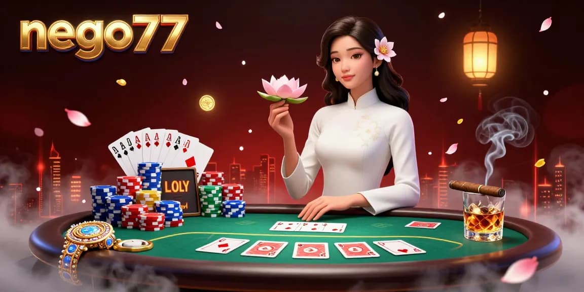 Nego77 offers an immersive poker experience with vibrant visuals featuring a graceful woman and dynamic casino elements.
