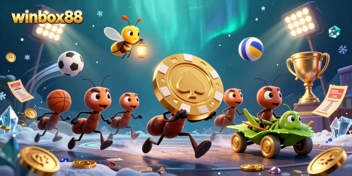 Winbox88 brings excitement as ants heist a golden poker chip with dynamic sports elements in illustration.
