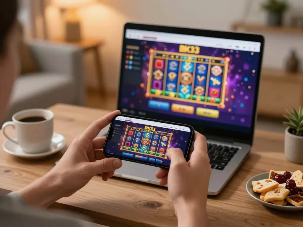 Engaging online gaming on BK33 platform with vibrant slots displayed on smartphone in cozy home.