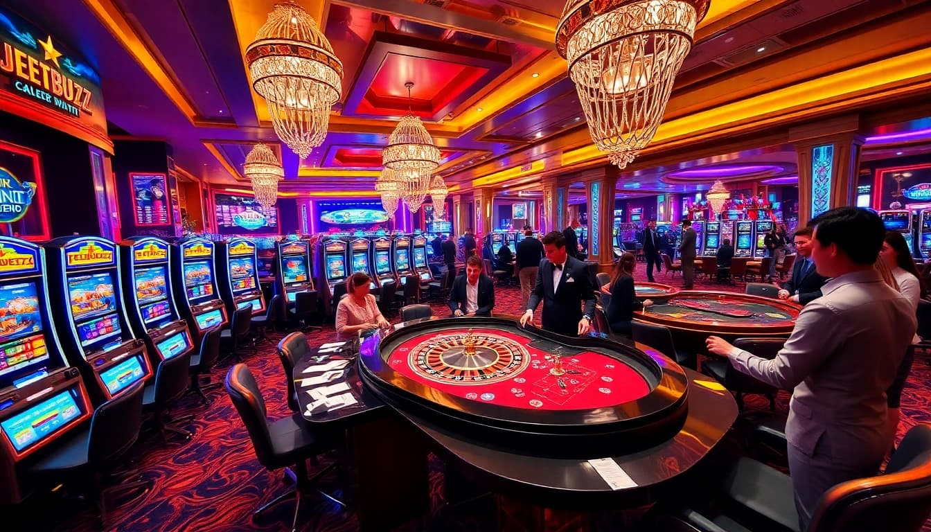 jeetbuzz ক্যাসিনো offers a thrilling gaming experience with vibrant slot machines and excited players.