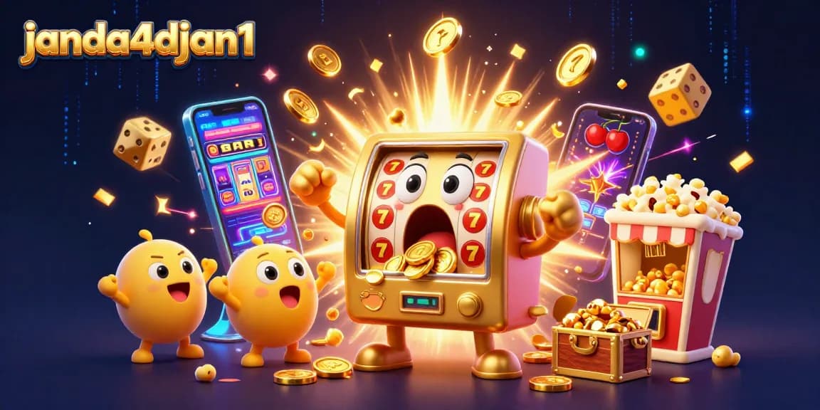 Mesin slot janda4djan1 memenangkan jackpot dengan koin yang mengalir keluar, dikelilingi elemen kasino.