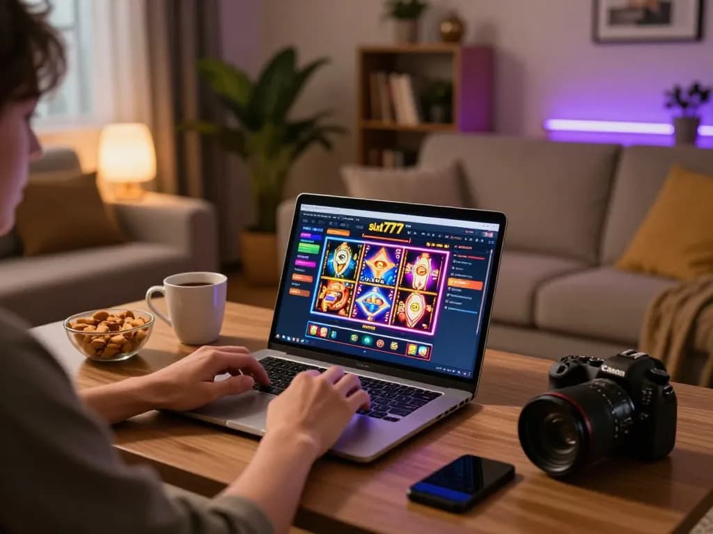 Player enjoying a thrilling slot777 game on laptop, cozy home setup with snacks and warm lighting.