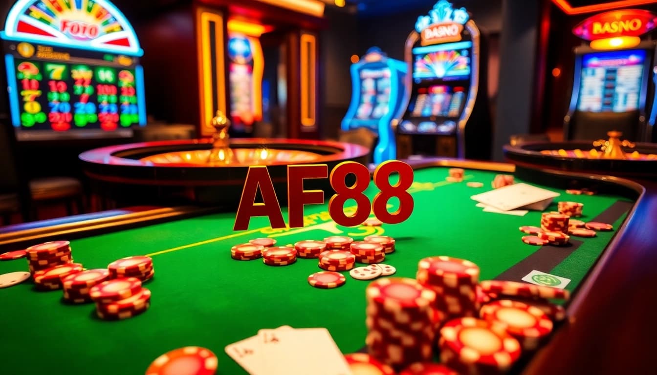 Experience high-stakes poker with AF88 at a luxurious casino table filled with vibrant chips and cards.