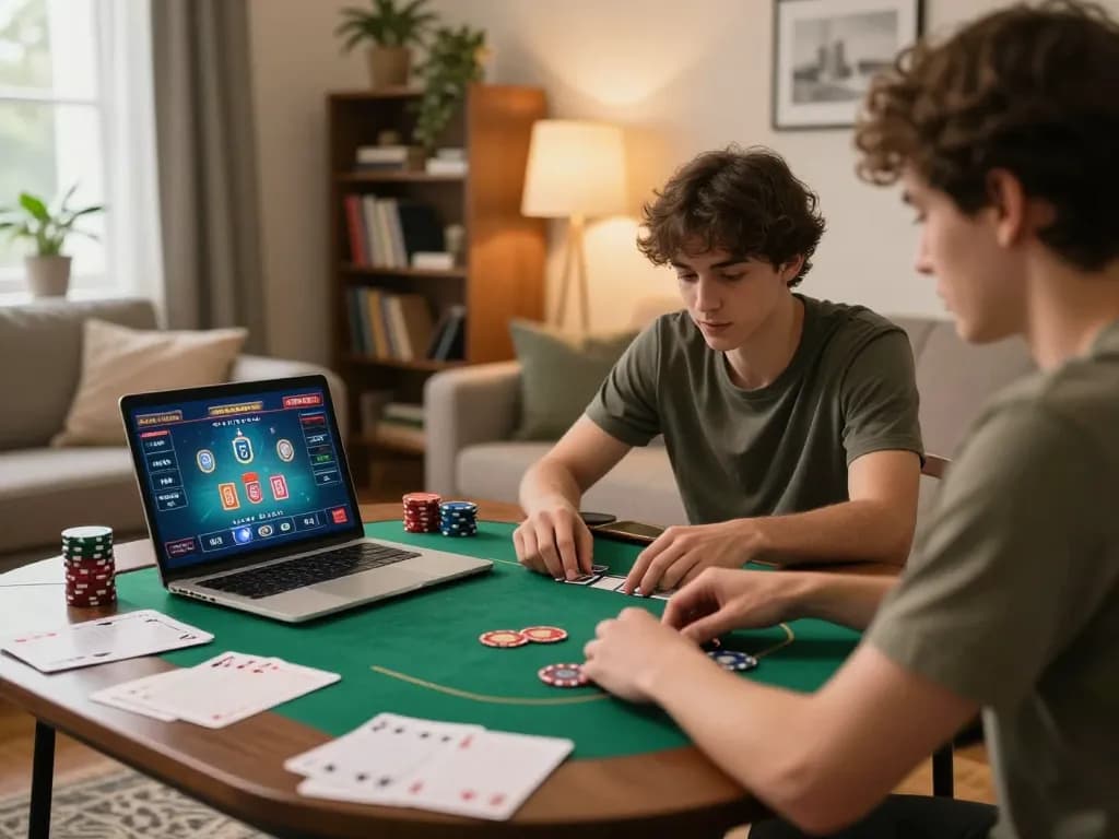 Engaging home poker scene with player analyzing giường bệnh nhân strategy notes and laptop screen displaying poker game.