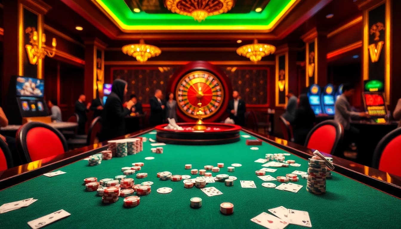 Experience thrilling gameplay at https://www.qq8827.com/ with poker chips and cards on a casino table.