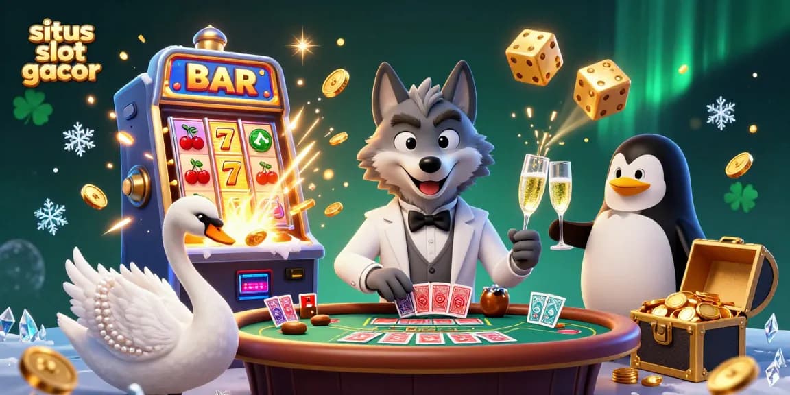 Experience the excitement at situs slot gacor with a playful scene of a debonair wolf and elegant characters at a casino.