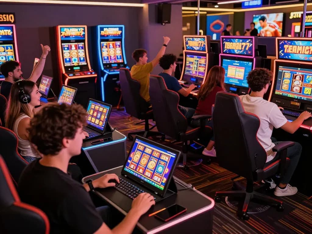 Exciting online gaming moment at VEGASSLOT77 with players engaged in colorful slot games.