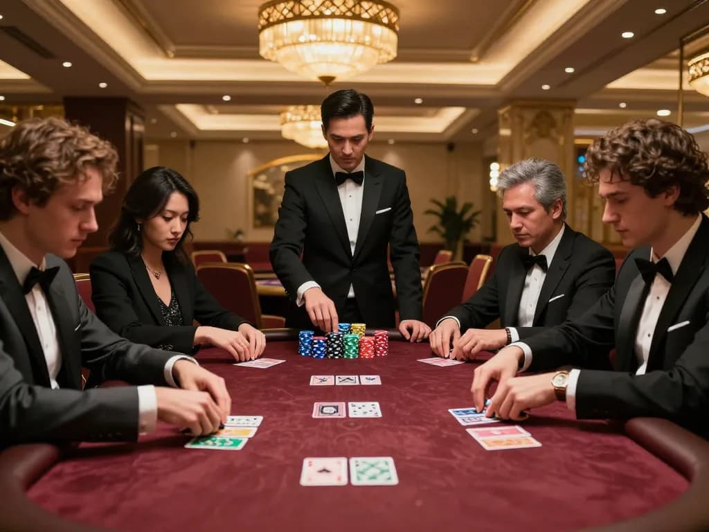 Players engage in an intense poker game at F8BET COM, showcasing strategy and excitement in a luxurious casino