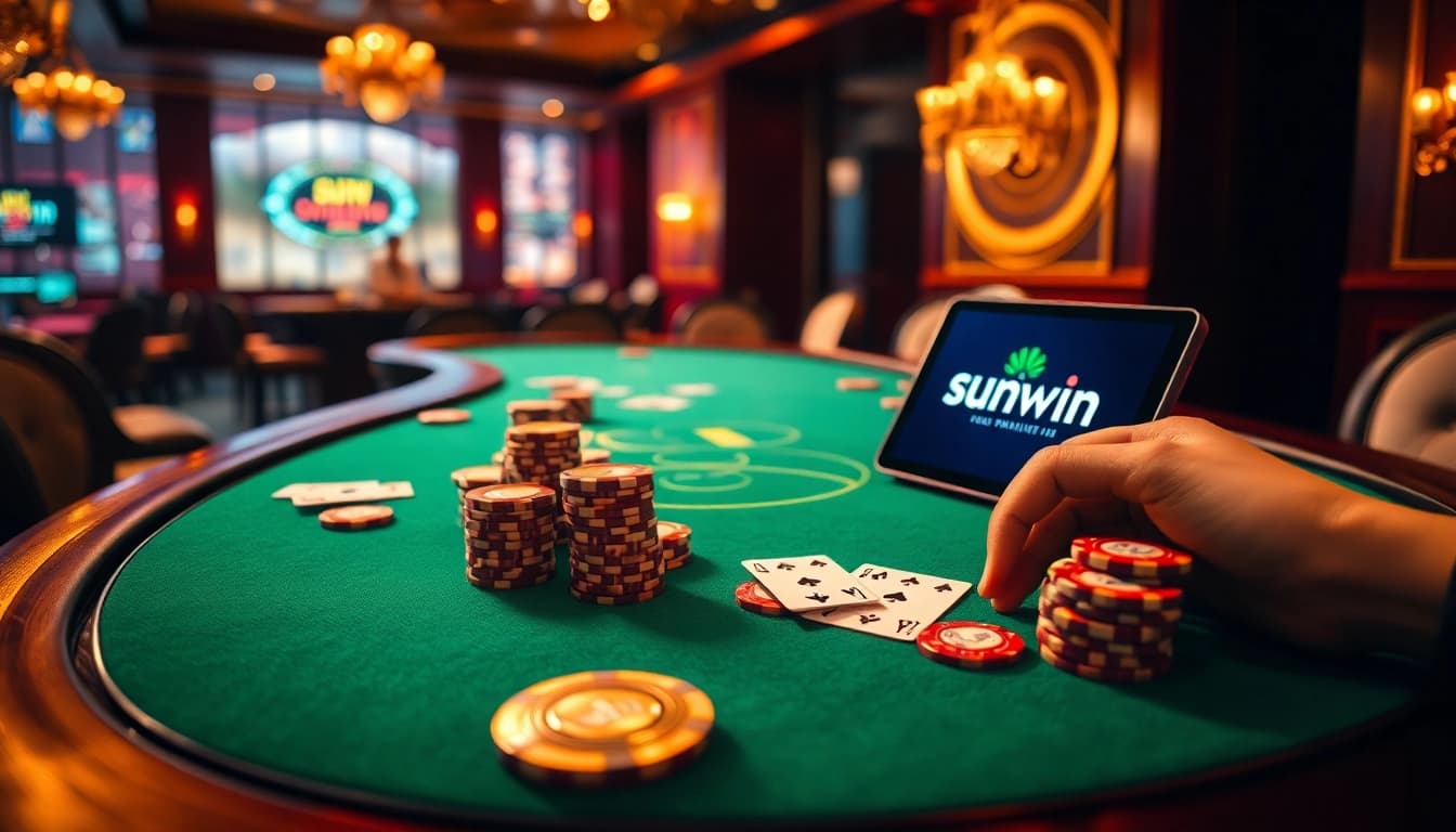 Engaging scene of a luxury casino poker table featuring sunwin elements, vibrant poker chips, and sophisticated ambiance.