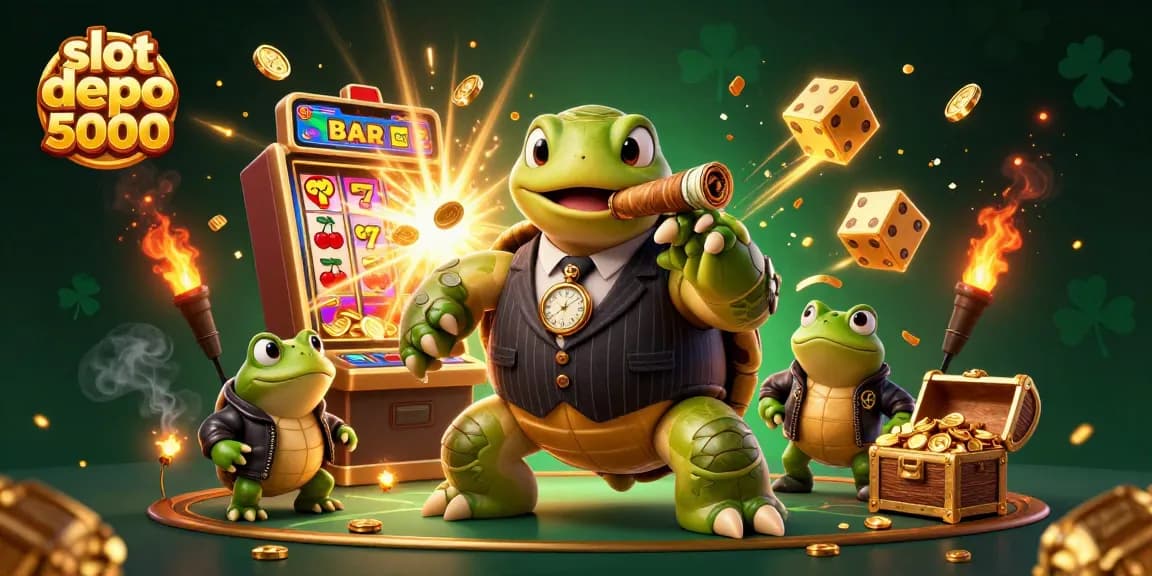 Play at slot depo 5000 with a dynamic illustration featuring a snapping turtle mobster and jackpot excitement.