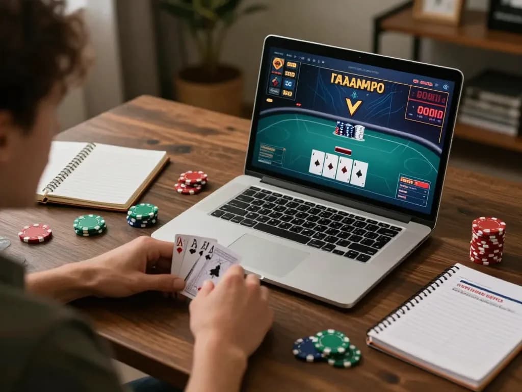Bintangmpo pemandangan permainan yang menampilkan kegembiraan poker online dengan pengguna terlibat dalam strategi