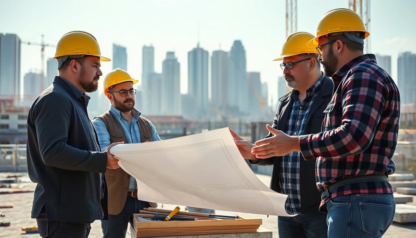 Construction association members collaborating on a project site with blueprints and tools.