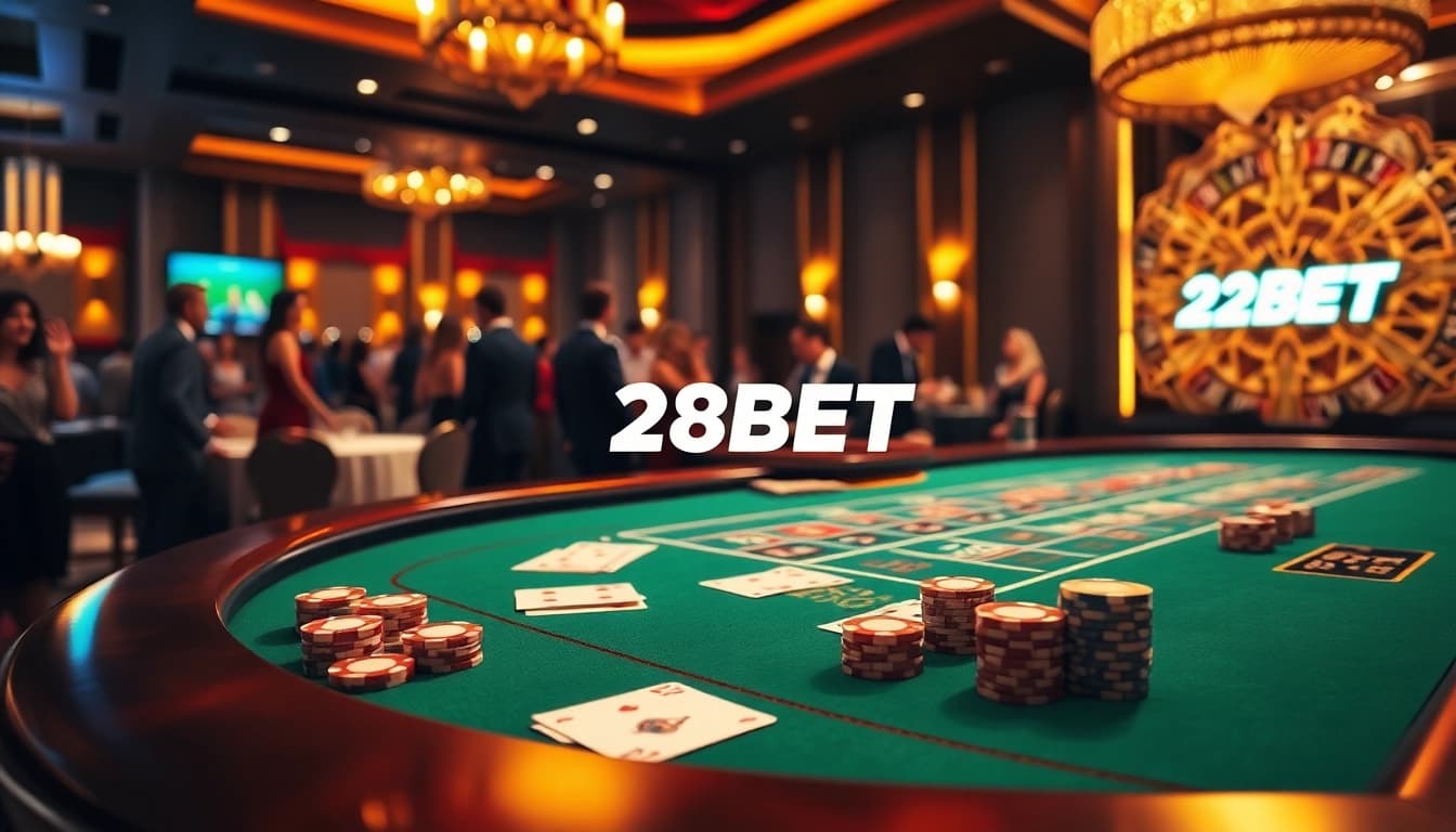 Experience the excitement at 28BET with a luxurious blackjack table and premium casino elements.