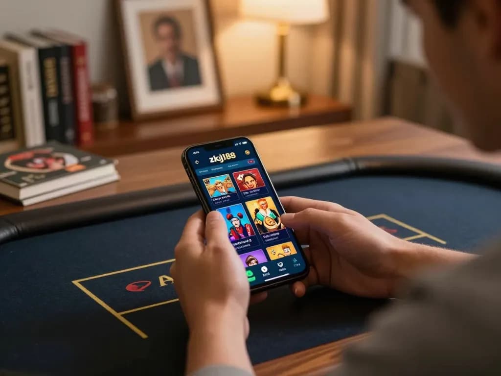 Engaging with the zkjj188 casino app on a mobile device in a cozy home setting