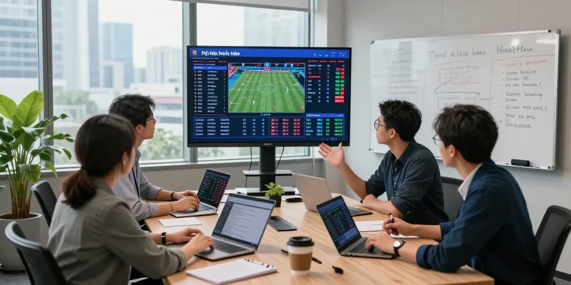 Team analyzing tỷ lệ kèo nhà cái data in a modern office setting.