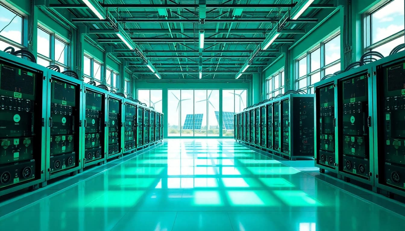 Cloud mining site featuring a modern mining farm powered by renewable energy