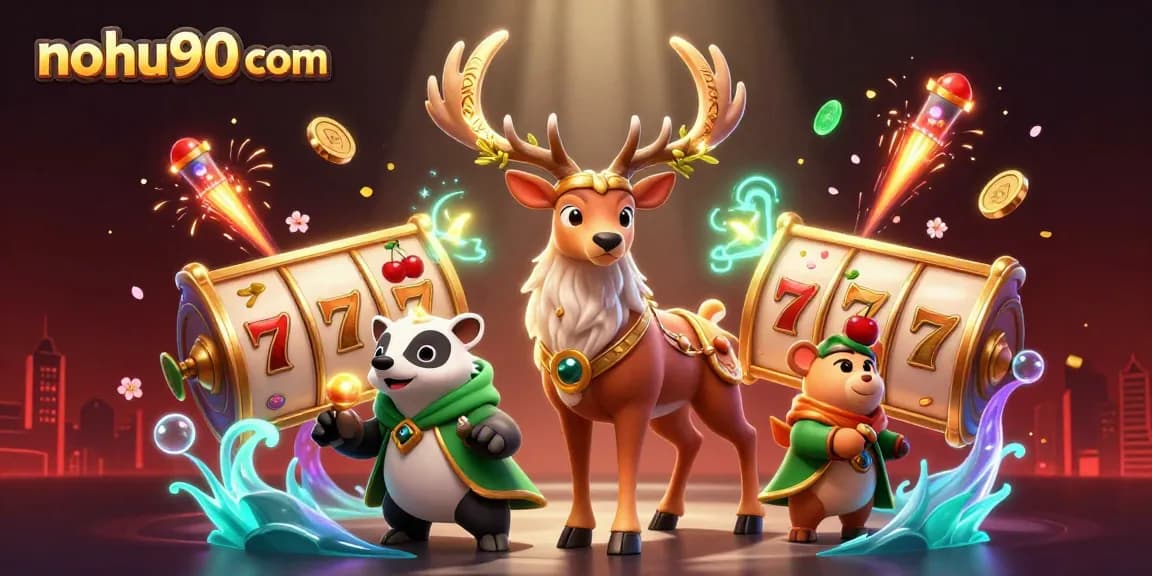 Nohu90 com presents a vibrant 3D illustration showcasing winning slot reels and whimsical characters creating an enchanting casino atmosphere.