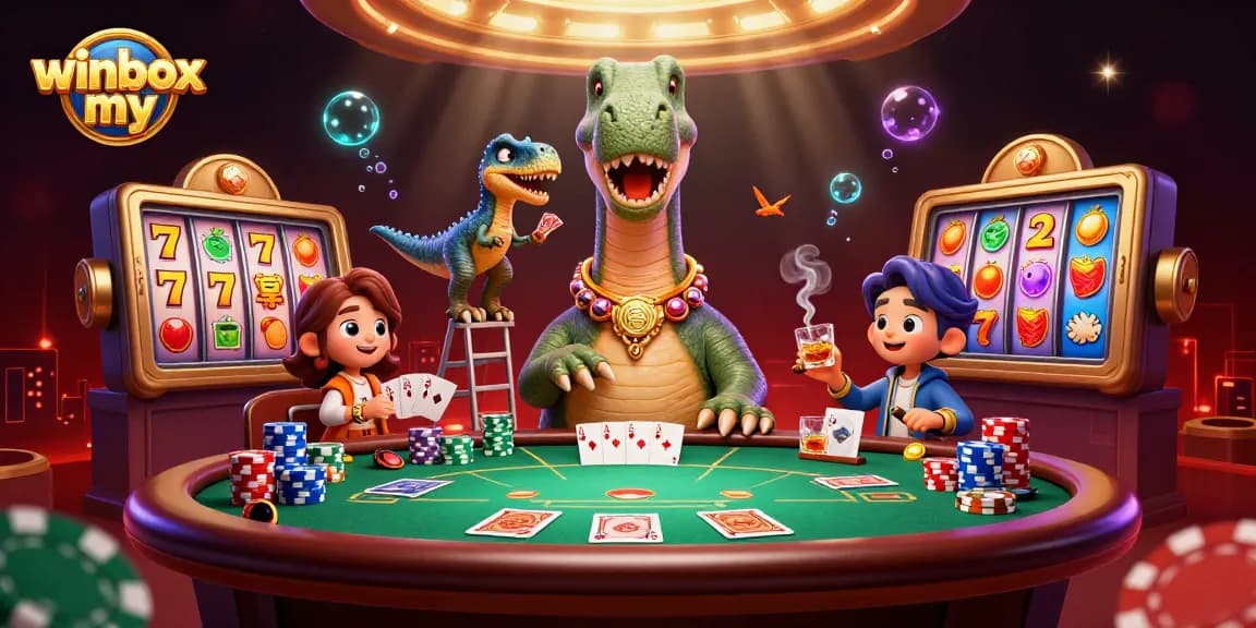 Experience winbox my in an immersive casino scene featuring a brontosaurus dealer in action.