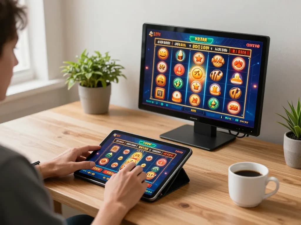 Engaging home gaming scene with TG88 tablet casino app in use, showcasing strategic gameplay.