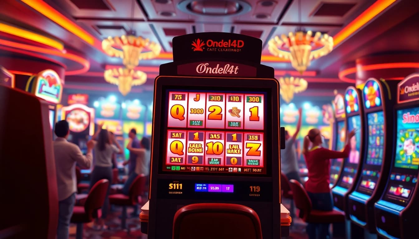 Bermain di ondel4d slot yang meriah dengan mesin slot yang penuh warna dan pemain yang merayakan kemenangan.