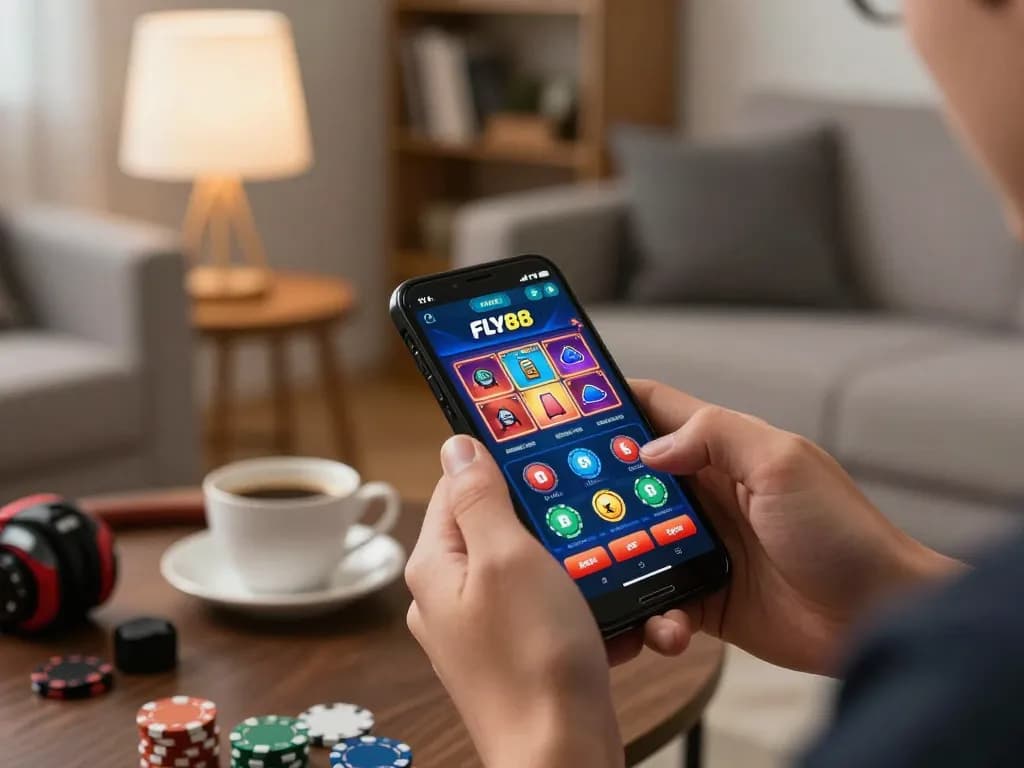 Player enjoying online game with FLY88 link visible on smartphone screen in cozy home environment