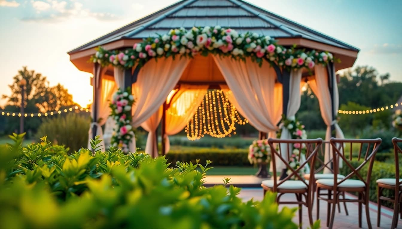 Photograph of Clarksburg wedding venues showcasing an elegant wedding gazebo surrounded by lush gardens.