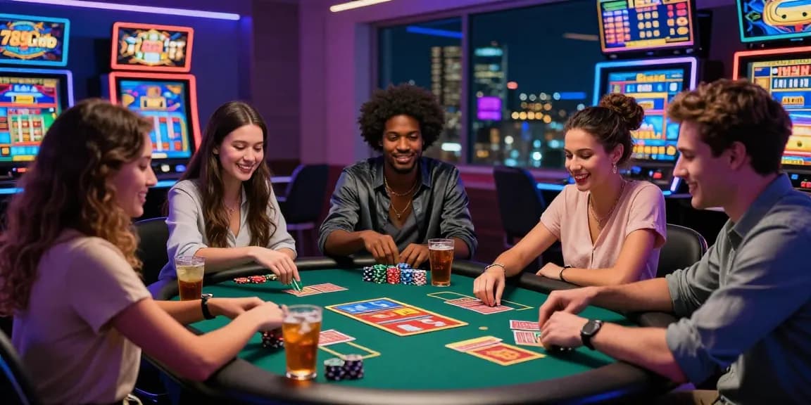 Friends enjoying games on 789Club in a neon-lit casino atmosphere.