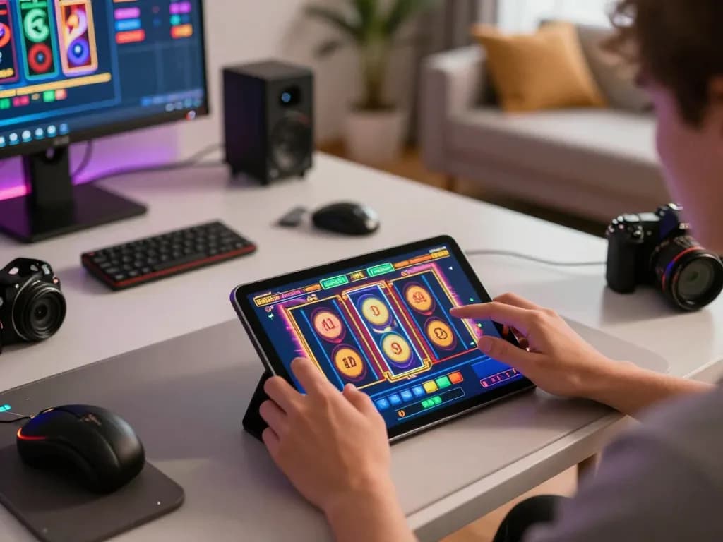 Permainan menarik dari slot mau777 di tablet dalam suasana rumah yang nyaman, menampilkan warna-warna cerah dan kegembiraan.