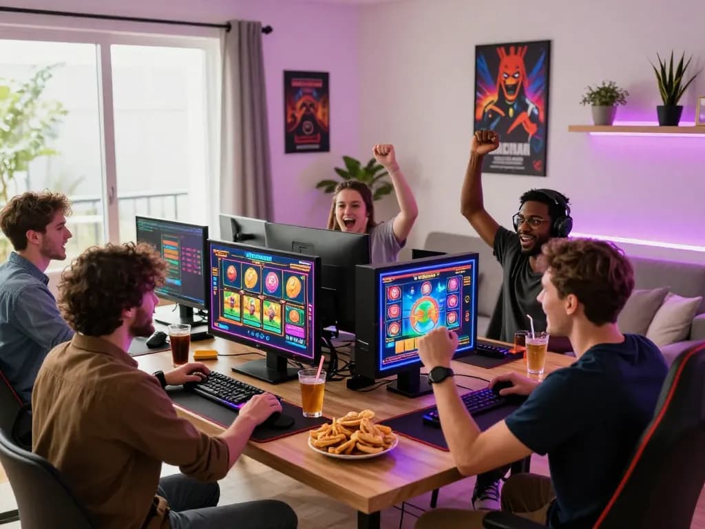 Players enjoying a thrilling session online at vegasslot77 with vibrant gaming setup and snacks.