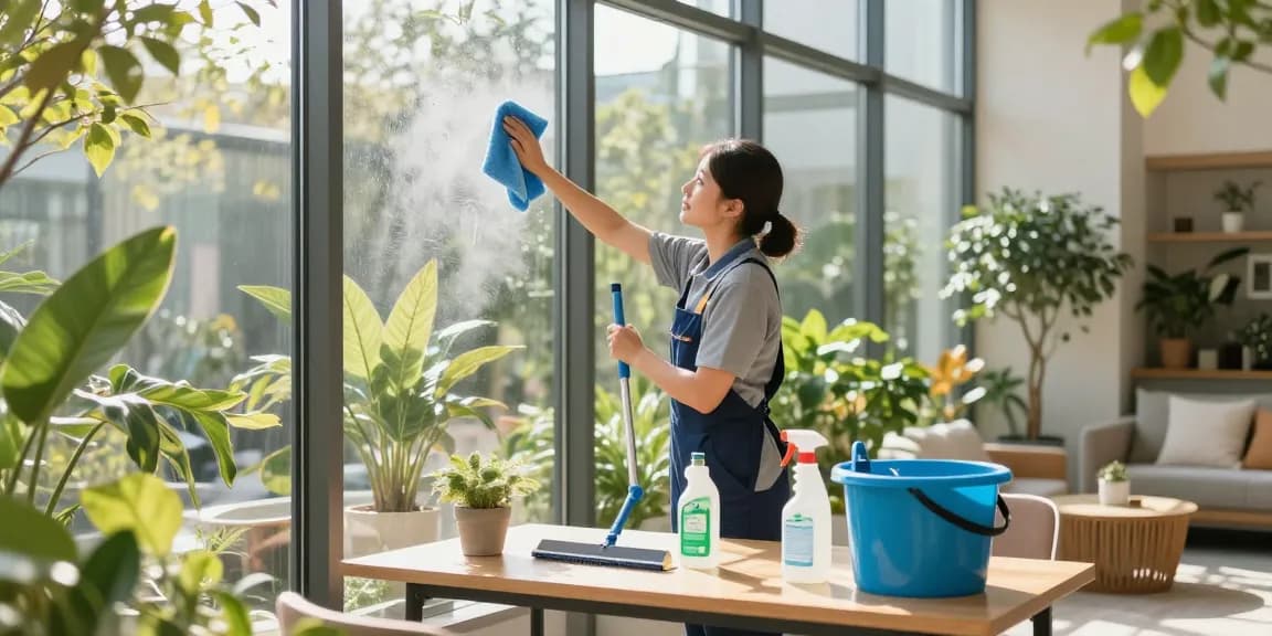 Wintergartenreinigung Firma Dortmund bei der professionellen Reinigung von Glasflächen und Pflanzenpflege in einem hellen Wintergarten.