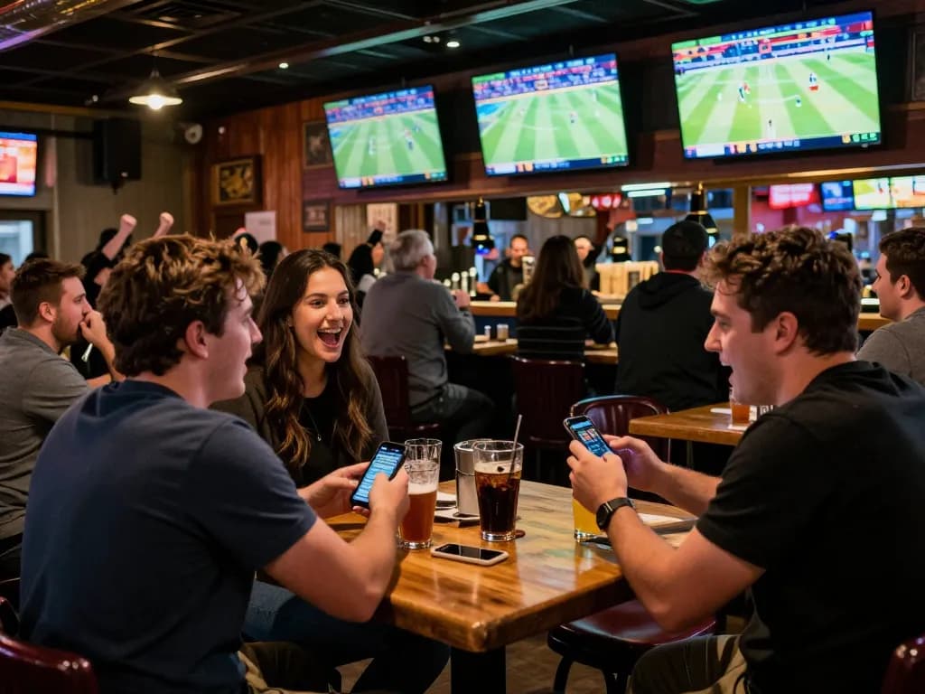 Sports betting excitement at 32win as patrons cheer while placing live bets on smartphones