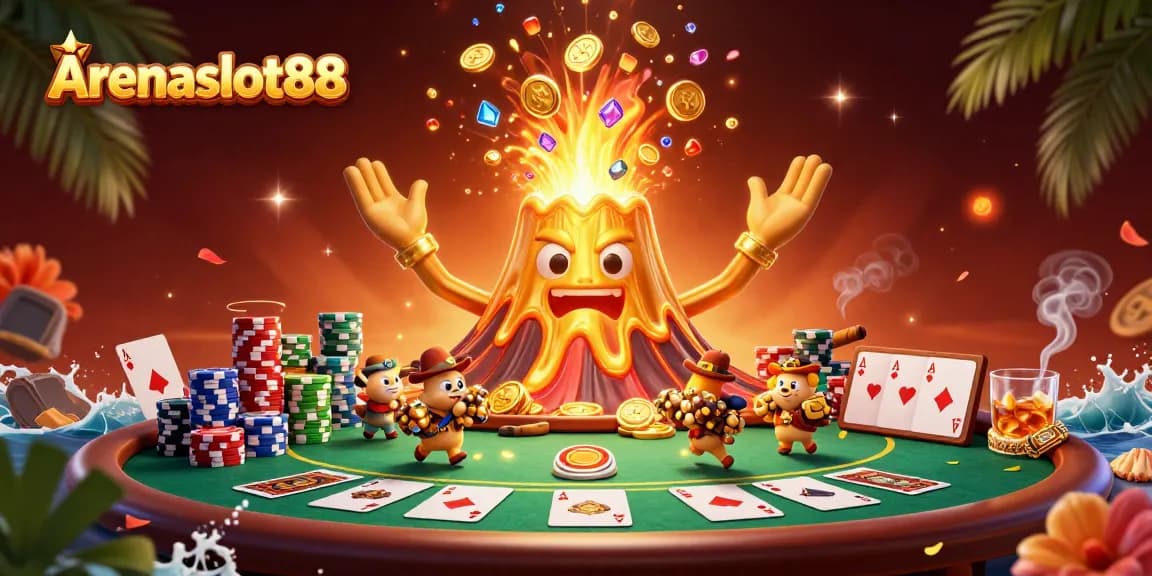 Arenaslot88 memicu kemenangan dengan simbol jackpot dan poker yang mencolok.