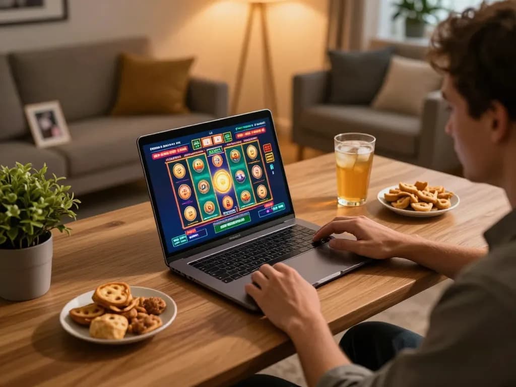 Spinning slot reels on an engaging online gaming setup, celebrating wins and exciting gameplay.