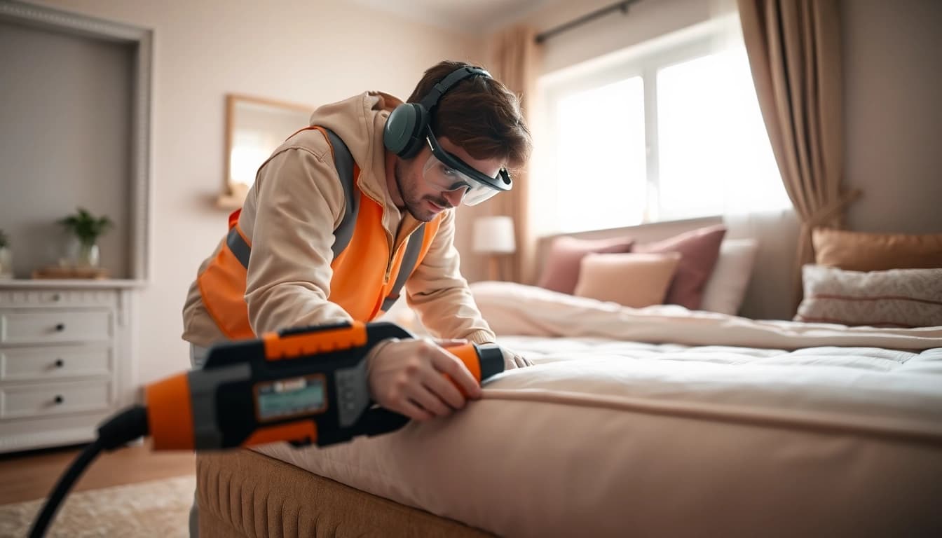 Professionally applying bed bug chemical treatment in a cozy bedroom environment.